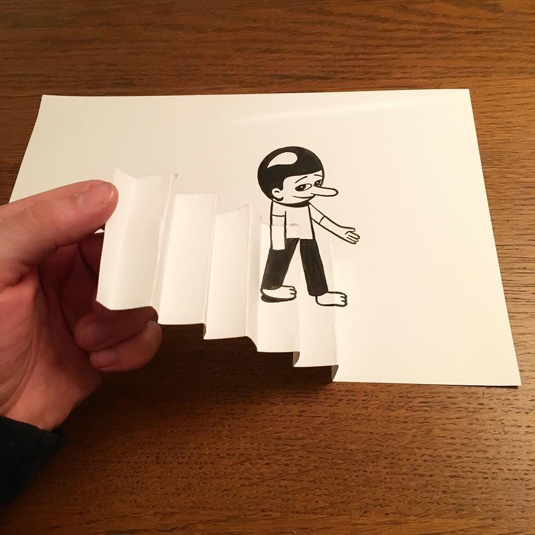丹麦漫画家HuskMitNavn通过撕折纸张将绘画增加了一个维度
